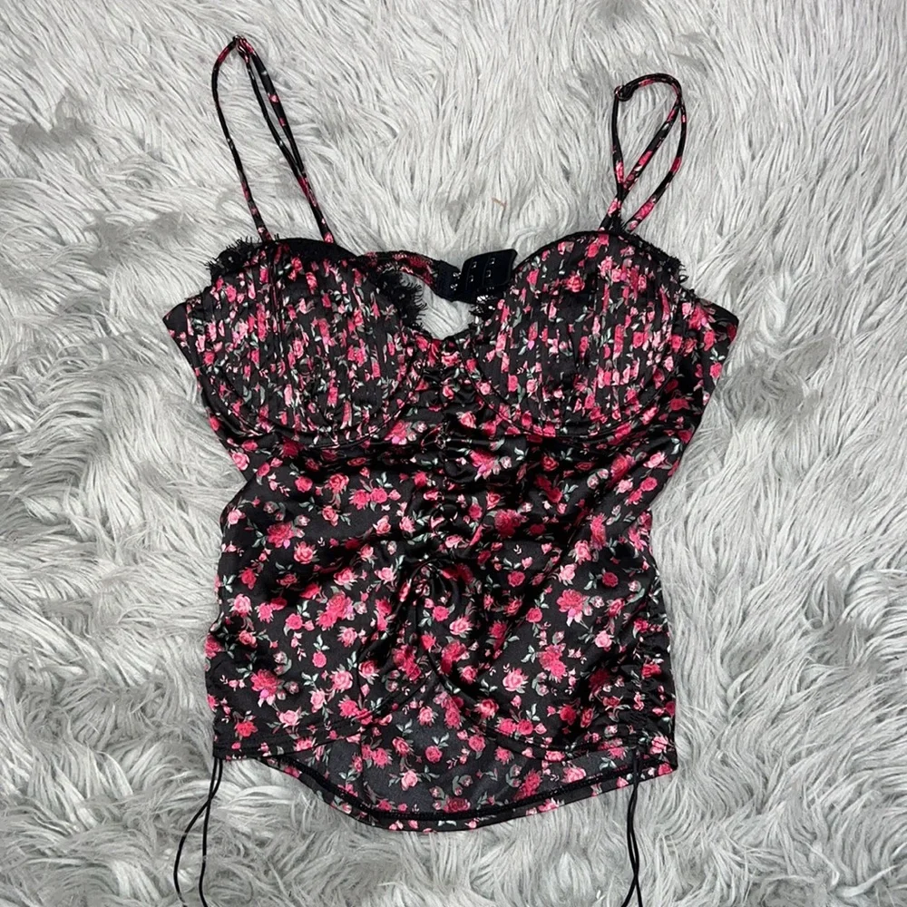 For Love & Lemons Melrose Floral Lace Trim Cut-Out Back Black & Red Bustier Top